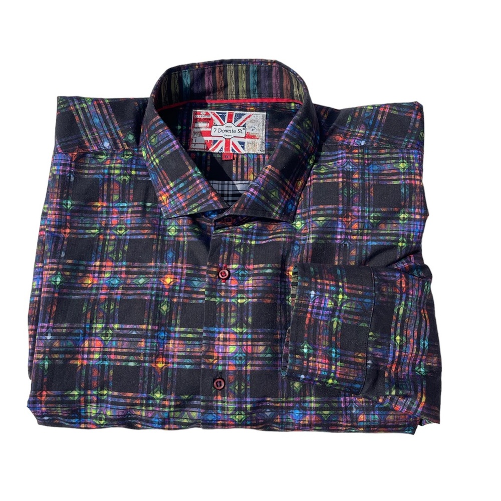 7 Downie St Button Up Shirt Mens 3X Abstract Multicolor Plaid Neon